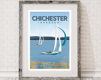 Affiche de voyage rétro, voile dans le port de Chichester