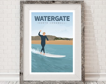 Surf rétro voyage Affiche. Watergate Bay, Newquay, Cornouailles, Surf