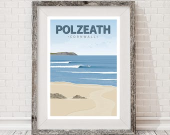 Surf Travel Poster Polzeath Beach Cornwall Surfing