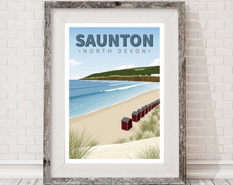 Surf rétro voyage Affiche Saunton Sands, Devon, Surf