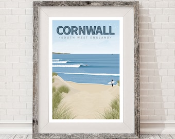 Surf rétro voyage Affiche Cornwall Beach Surf