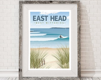 Affiche de voyage de surf rétro East Head West Wittering
