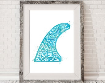 Surf Fin Art Typography Surfing Wall Decor Poster Print