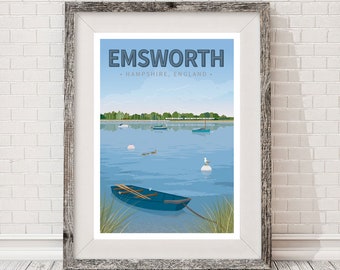 Poster de voyage rétro, Emsworth, voile dans le port de Chichester