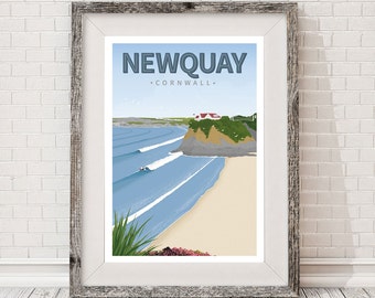 Surf Beach rétro voyage Affiche. Newquay, Cornouailles, Surf