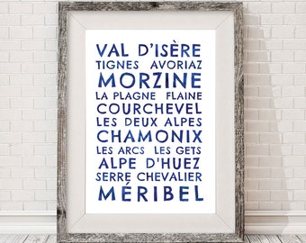 Français Alpes Ski Resorts Mountain Destination Board Blue Wall Art Decor Poster Print