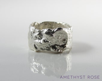 Fused Sterling Silver Ring ~ Organic Textured Wide Ring Band ~ Rough Silver Ring ~ Handmade Jewellery