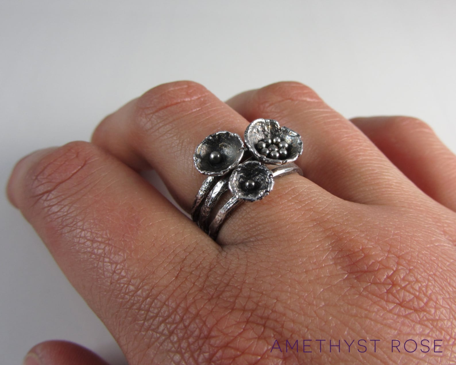 Wild Flowers ~ Set of 3 Organic Stacking Rings ~ Silver Stacking Rings ...