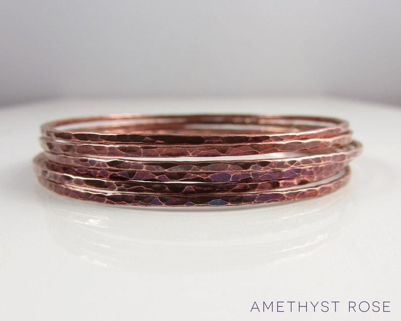 Set of 6 Copper Bangles Hammered Copper Bangles Stacking Bracelets Unique Handmade Jewellery image 1