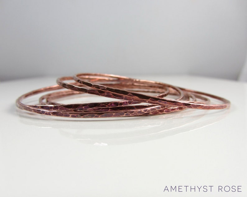 Set of 6 Copper Bangles Hammered Copper Bangles Stacking Bracelets Unique Handmade Jewellery image 2