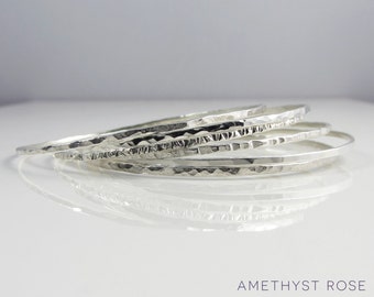 Set of 6 Sterling Silver Bangles ~ Hammered Silver Bangles ~ Stacking Bracelets ~ Unique Handmade Jewellery