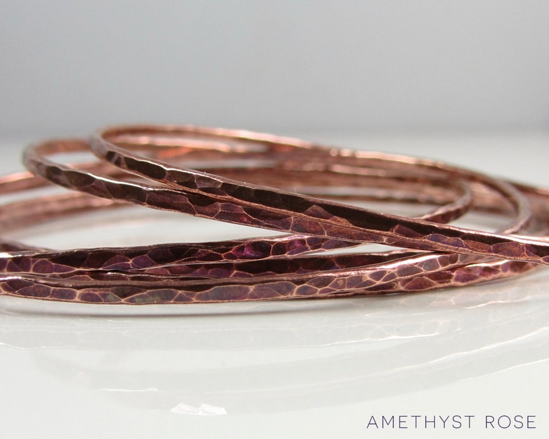 Set of 6 Copper Bangles Hammered Copper Bangles Stacking Bracelets Unique Handmade Jewellery image 3
