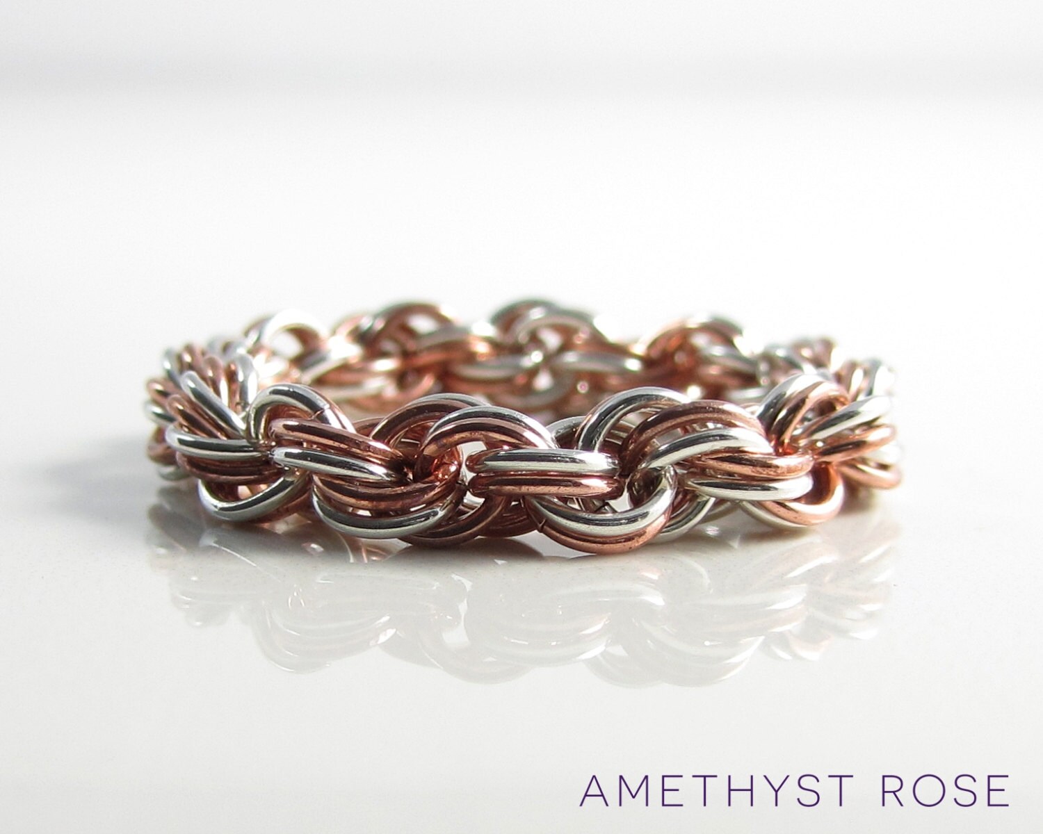 Double Spiral ~ Sterling Silver & Copper Chainmail Ring ~ Flexible Ring ...