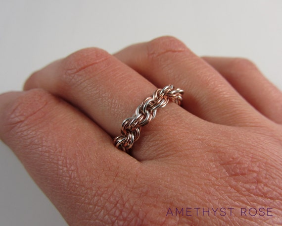 Double Spiral Sterling Silver & Copper Chainmail Ring Flexible