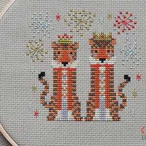 Fancy Tiger cross stitch pattern PDF download - three different hats to choose from! - includes colour chart and stitching instructions