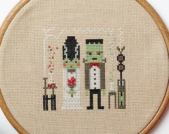 Fran and Frankie modern cross stitch pattern Frankenstien themed PDF download - includes chart and instructions