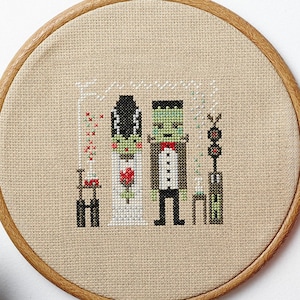 Fran and Frankie modern cross stitch pattern Frankenstien themed PDF download - includes chart and instructions