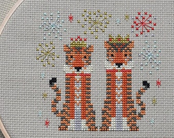 Fancy Tiger cross stitch pattern PDF download - three different hats to choose from! - includes colour chart and stitching instructions