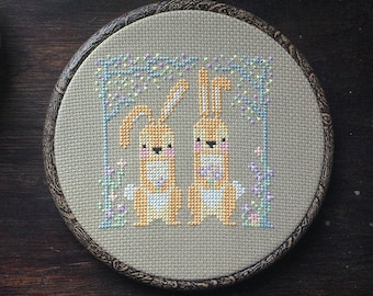 Modern cross stitch pattern PDF download - cute Ginger and Butternut bunny rabbit in the forest design chart and instructions