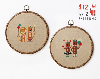 Circus Friends cross stitch pattern PDF download - two designs - both  includes colour chart and instructions - cute circus lions and bears