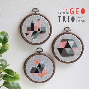 Set of three modern geometric cross stitch pattern PDF downloads - three easy geometric patterns to download instantly