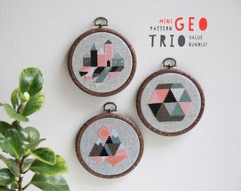 Set of three modern geometric cross stitch pattern PDF downloads - three easy geometric patterns to download instantly