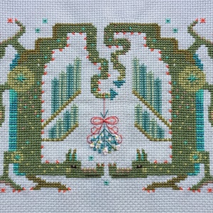 Under the Mistletoe Xmas dragons cross stitch pattern PDF instant download chart. Magical Christmas embroidery image 1