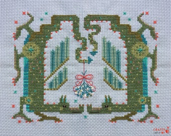 Under the Mistletoe! Xmas dragons cross stitch pattern PDF instant download chart. Magical Christmas embroidery!