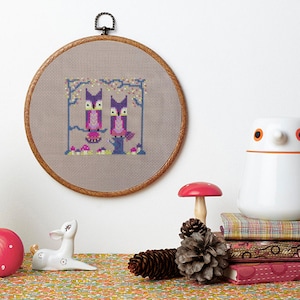 Owl Pals modern cross stitch pattern PDF download - cute owls in the forest design -  includes colour chart and instructions