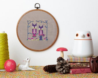 Owl Pals modern cross stitch pattern PDF download - cute owls in the forest design -  includes colour chart and instructions