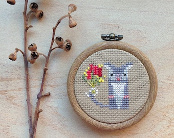 Possum Posy cute mini modern cross stitch pattern - ringtail possum with flowers -  PDF download includes colour chart and instructions