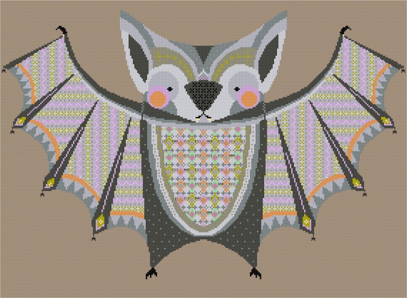 Pu&ograve; includere: Un'illustrazione stilizzata di un pipistrello con un motivo geometrico sulle ali e sul corpo. Il pipistrello &egrave; grigio, nero, arancione, giallo, rosa e viola.