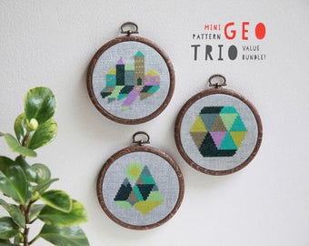 Geo Trio cross stitch pattern PDF downloads - three easy modern geometric patterns to download instantly - great for beginners cross stitch