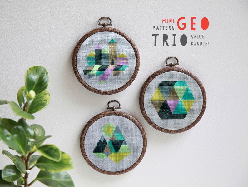 Geo Trio cross stitch pattern PDF downloads three easy modern geometric patterns to download instantly great for beginners cross stitch image 1