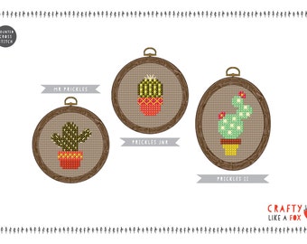Prickles Family - cactus trio cross stitch - three easy modern patterns to download instantly - great for beginners cross stitch