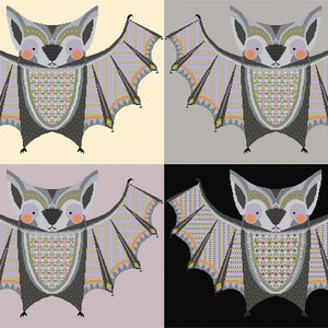 Pu&ograve; includere: Quattro illustrazioni di un pipistrello stilizzato con motivi geometrici in tonalit&agrave; di viola, arancione, giallo e grigio. Il pipistrello ha un corpo nero e guance rosa.