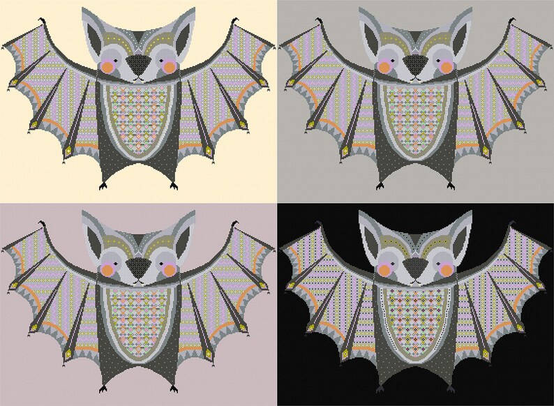 Pu&ograve; includere: Quattro illustrazioni di un pipistrello stilizzato con motivi geometrici in tonalit&agrave; di viola, arancione, giallo e grigio. Il pipistrello ha un corpo nero e guance rosa.