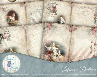 May include: A printable journal kit with a Victorian theme. The kit includes six pages with images of women in vintage clothing, floral designs, and text in French. The pages are 5 x 7 inches when folded and are 300 dpi.