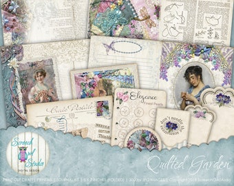 Crazy Quilting Journal, 5" x 7" Journal Kit, Digital Ephemera, Sewing, Ribbon, Embroidery, Beads, Paper Craft Supplies - Quilted Garden