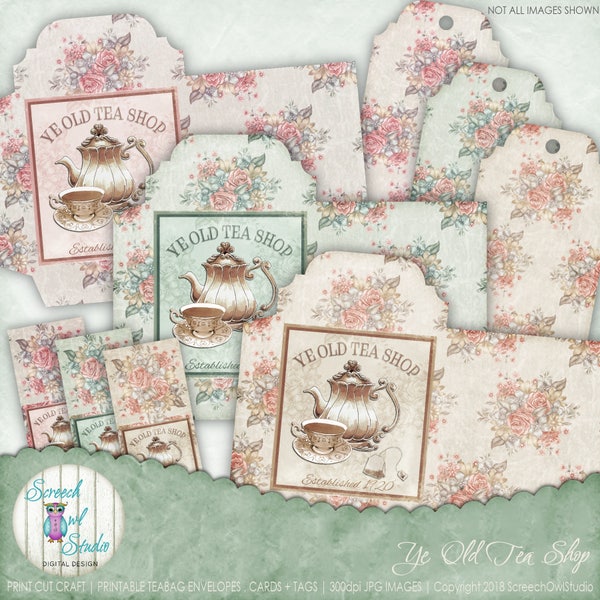 Teabag Envelopes, Gift Tags, Journal Pockets, Collage Sheet, Printable Envelopes, Stationery, Digital Download - Ye Old Tea Shop