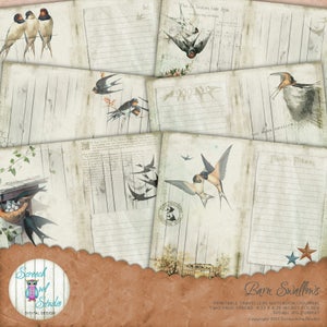 Travelers Notebook 4.33" x 8.25", Paper Ephemera, TN Inserts, Journal Pages,  Junk Journal, Paper Craft Supplies - Barn Swallows