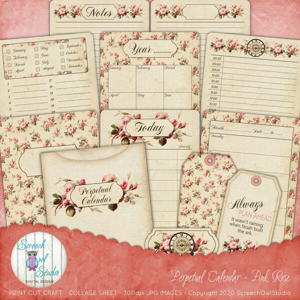 Perpetual Calendar Cards, Junk Journal Ephemera, Planner Calendar, Paper Craft Supplies, Printable Stationery - Pink Rose