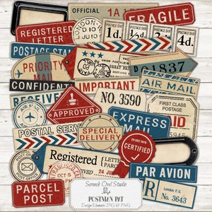 May include: A collage of vintage postage labels in shades of red, blue, and cream. The labels feature text like "Registered Letter," "Air Mail," and "Parcel Post." The design has a distressed, aged appearance, reminiscent of old postal ephemera.