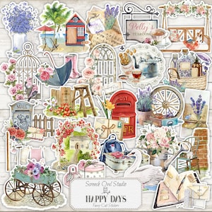 Druckbare Fussy Cut Aufkleber, Junk Journal Ephemera, Kartenherstellungs- und Scrapbooking-Elemente, Papierhandwerk - Glückliche Tage