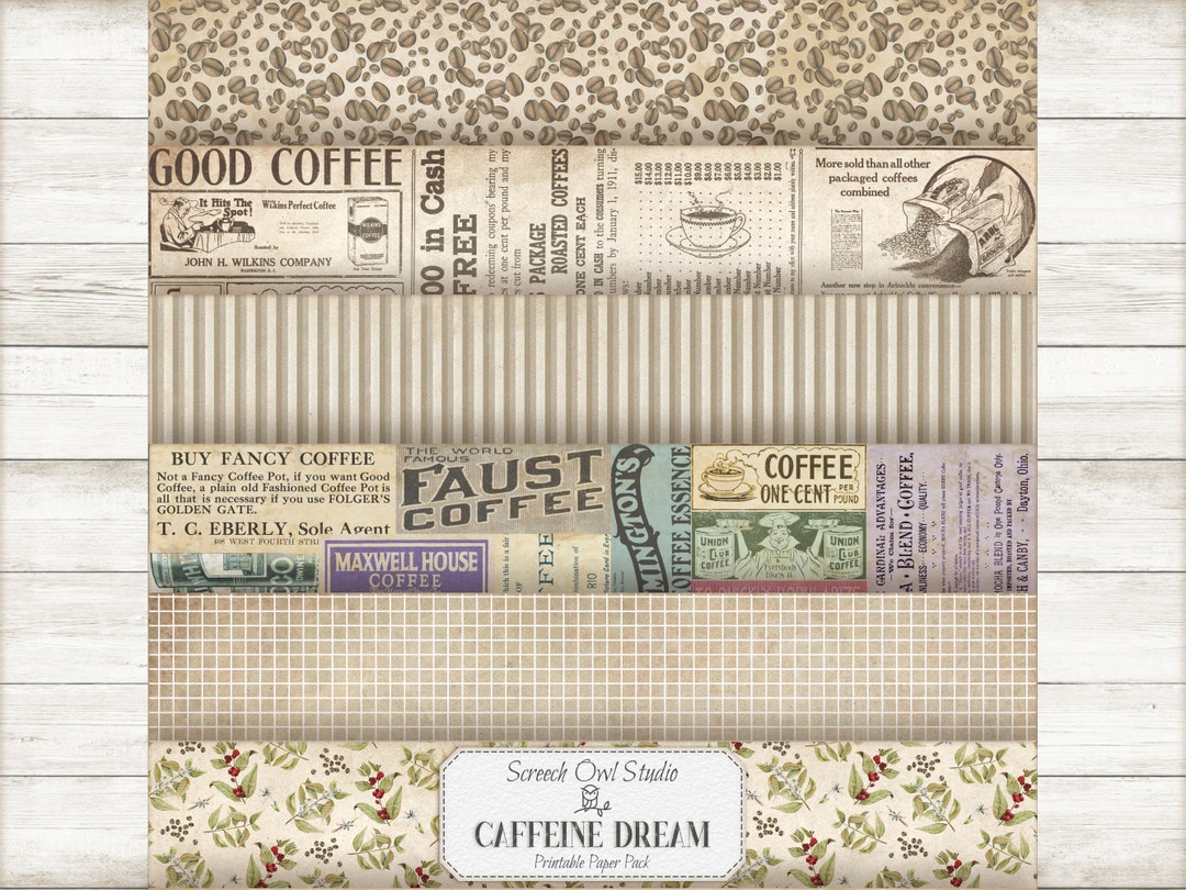Coffee Themed Printable Paper Pack, Vintage Coffee Advertisements, Junk