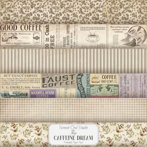 Kaffee Themen Printable Paper Pack, Vintage Kaffee-Werbung, Junk Journal Ephemera, Papiermodelle, Scrapbooking Seiten - Caffeine Dream