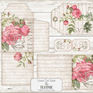 Printable Tea Bag Envelopes, Roses, Gift Cards and Tags, Tea Party Stationery, Junk Journal Ephemera, Instant Digital Download - Teatime