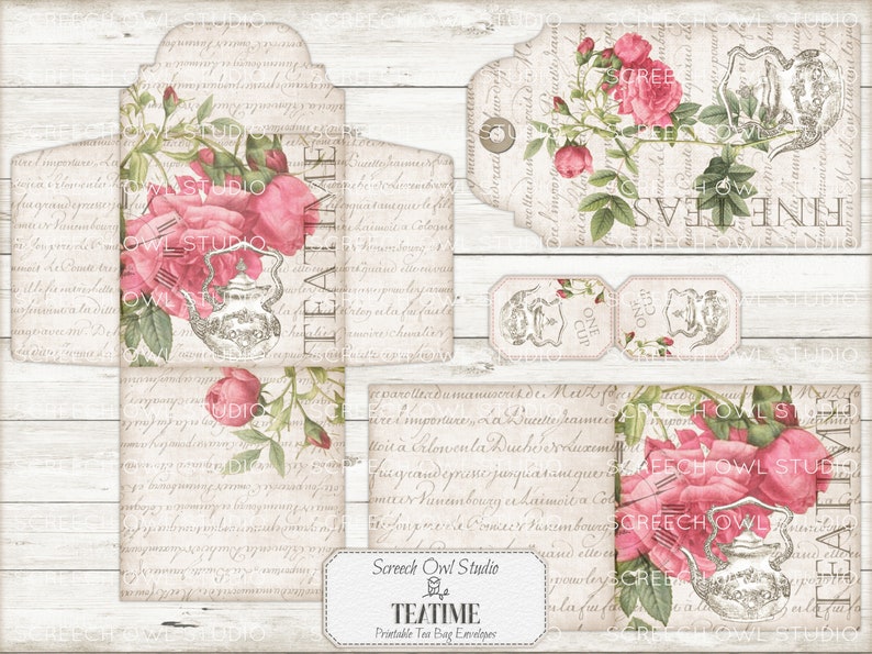 Printable Tea Bag Envelopes, Roses, Gift Cards and Tags, Tea Party Stationery, Junk Journal Ephemera, Instant Digital Download - Teatime