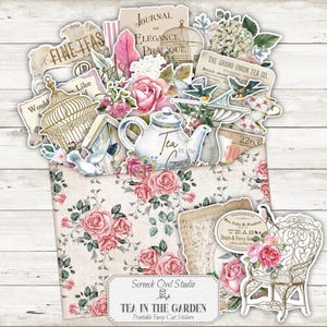 Autocollants imprimables aux coupes délicates, journal indésirable, éphémères pour la fabrication de cartes et le scrapbooking, papiers découpés, fournitures créatives en papier - Thé dans le jardin