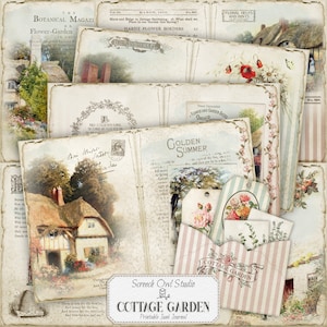 Diário de jardinagem para impressão, jardim rural inglês, páginas de diário de lixo vintage e itens efêmeros, artesanato em papel, scrapbooking - Cottage Garden